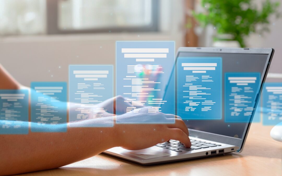 Man completing a checklist of online digital forms for assessing business performance.