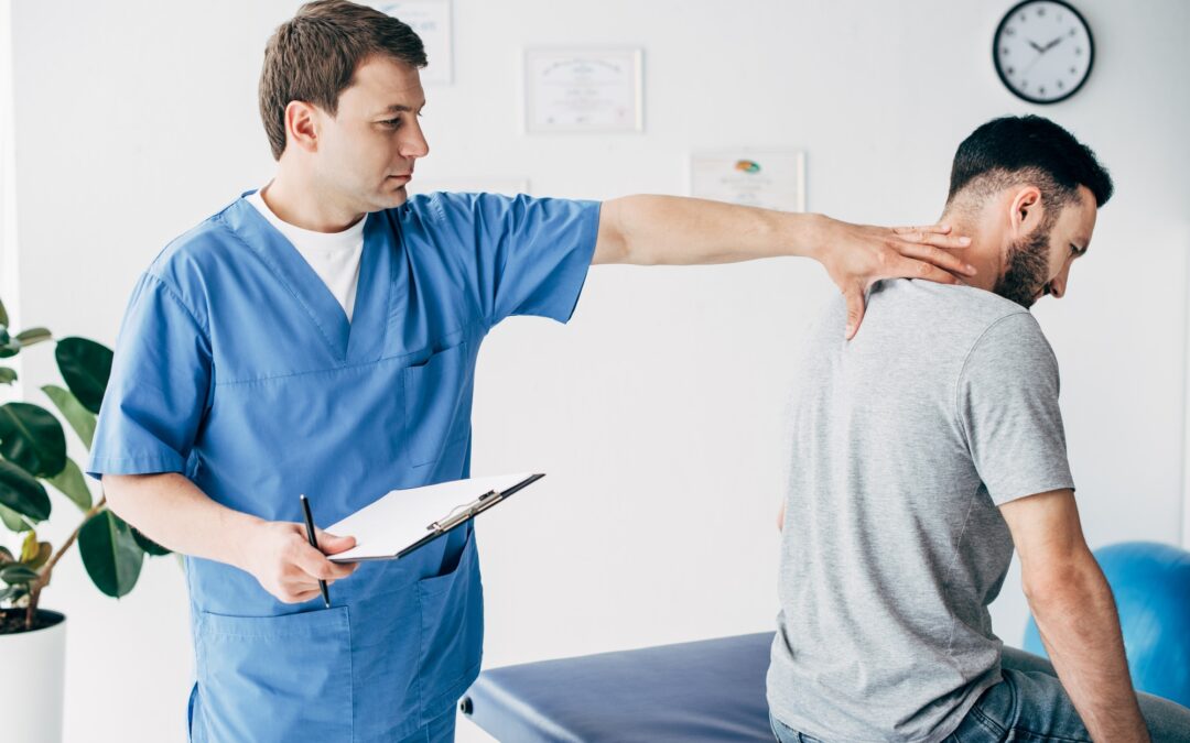 chiropractor with diagnosis and pen massaging neck of man in hospital